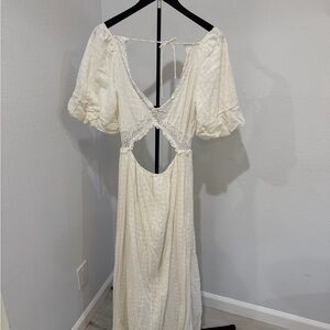 Maurie + Eve Cream Open-Back Maxi Dress with Puff Sleeves